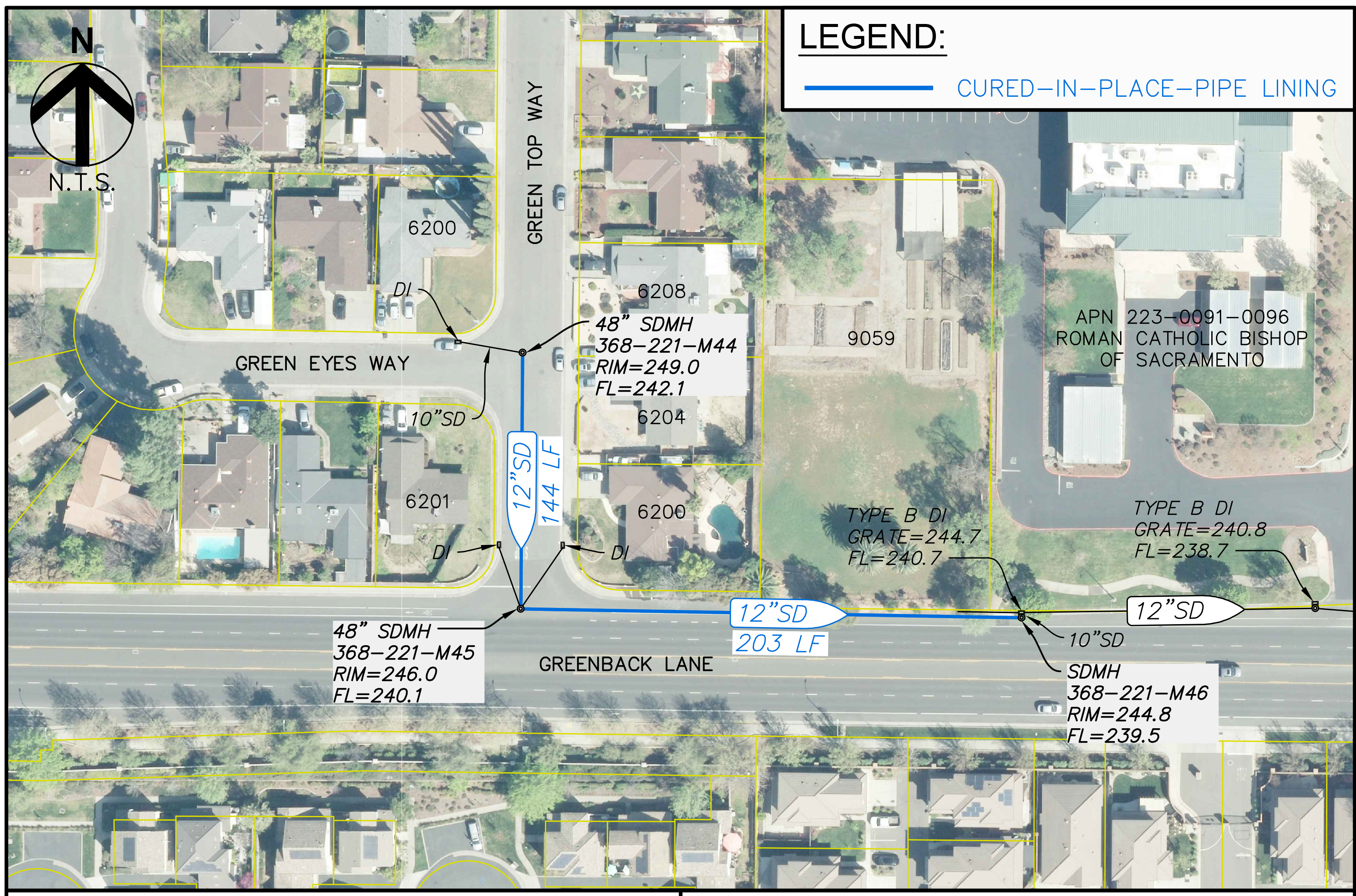 Map showing location and pipe measurements of the Green eyes Way, Green top Way, and Greenback Lane draingage pipe project