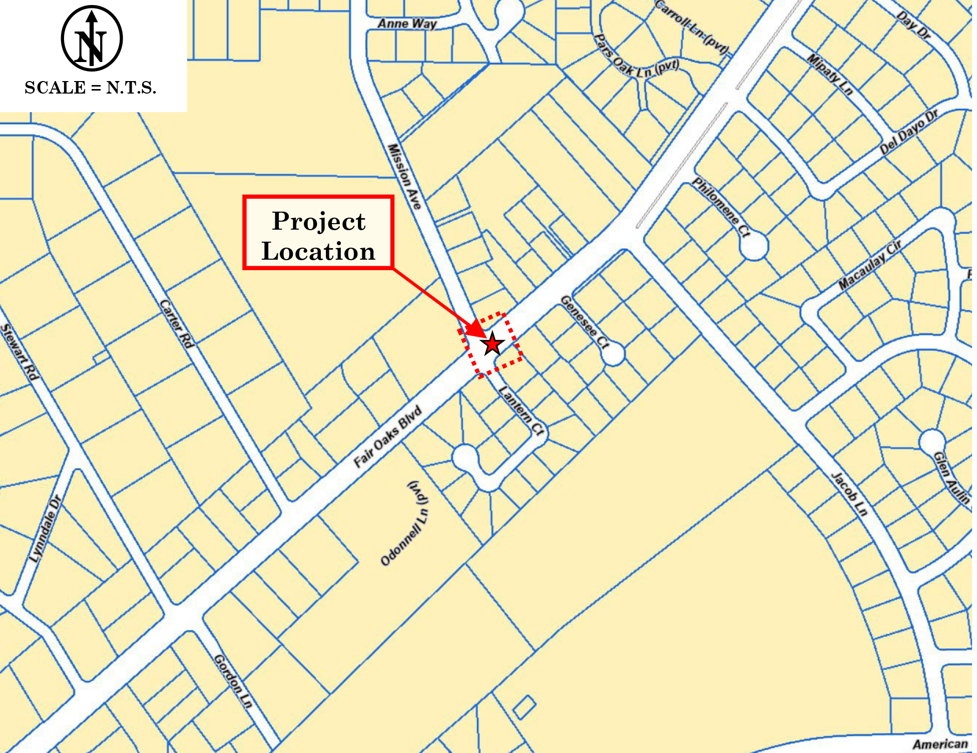 Map showing project location of the Latern Court adn Fair Oaks Boulevard drainage pipe lining project