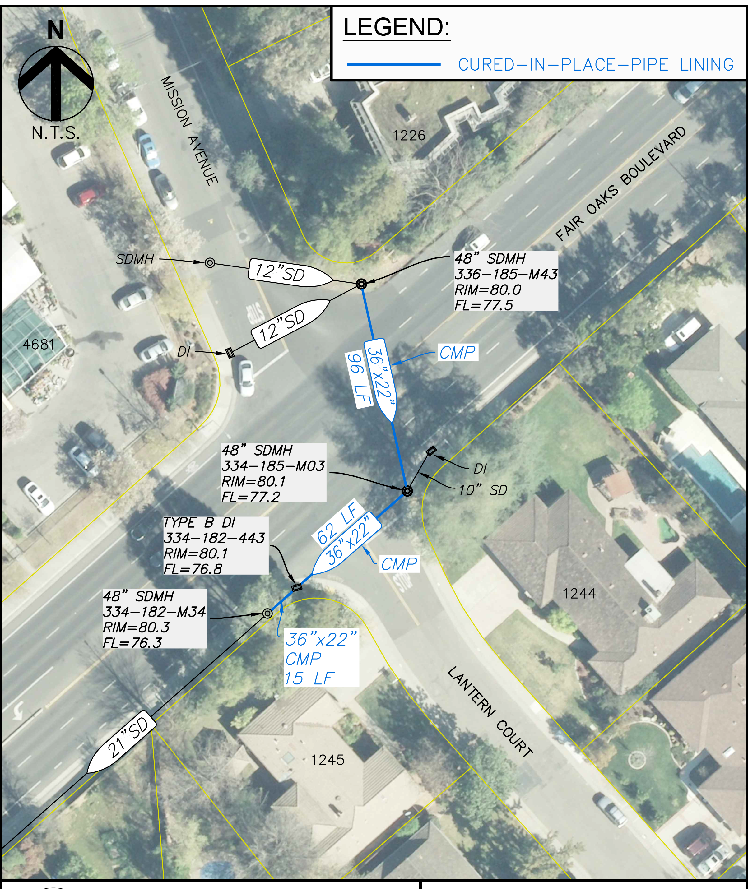 Map showing location and pipe dimensions for Latern Court and Fair Oaks Boulevard drainage pipe project
