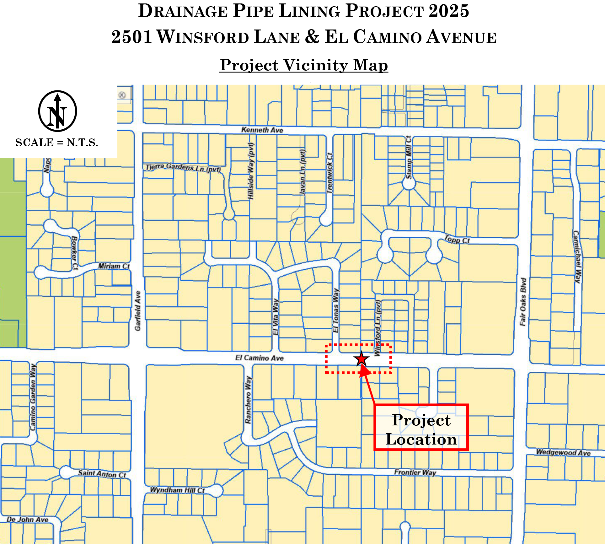 Map of Project location Winsford lane and el camino avenue drainage pipe lining project