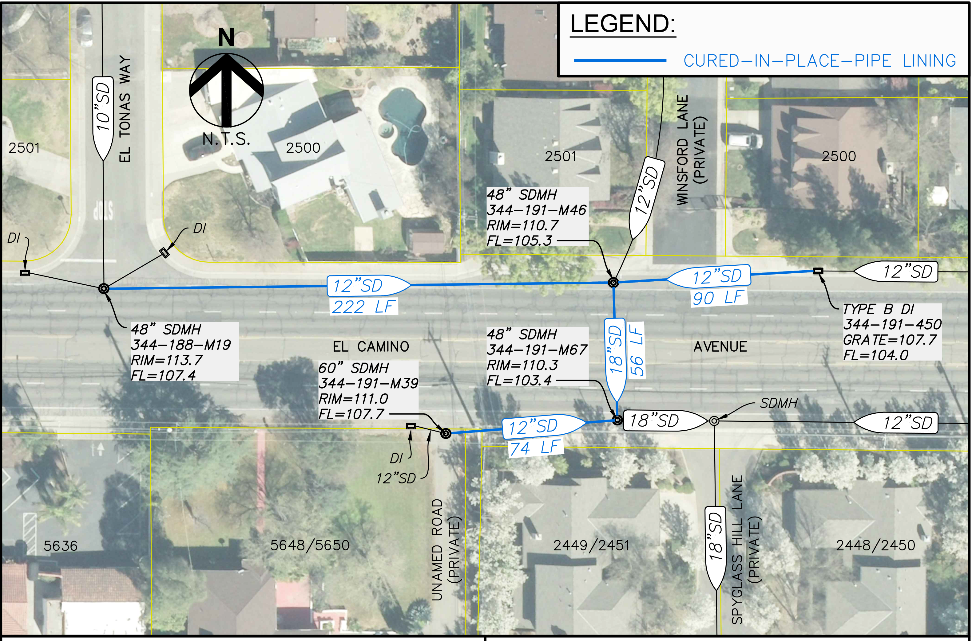 Map of Winsford lane and el camino drainage pipe lining work locations and pipe dimensions