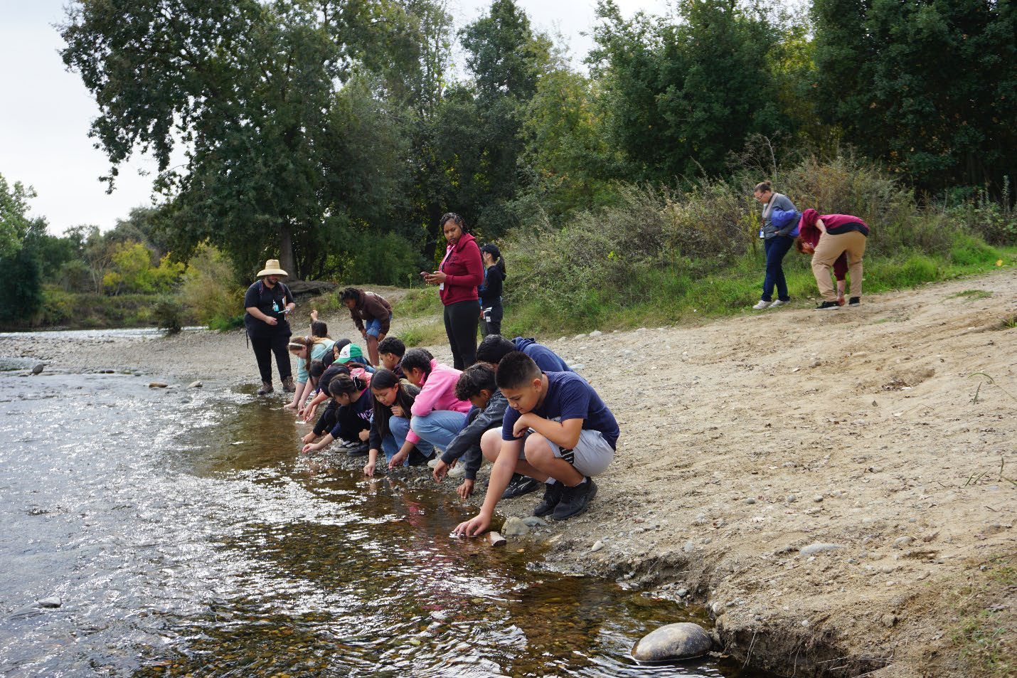 Students taking water samples at a river 