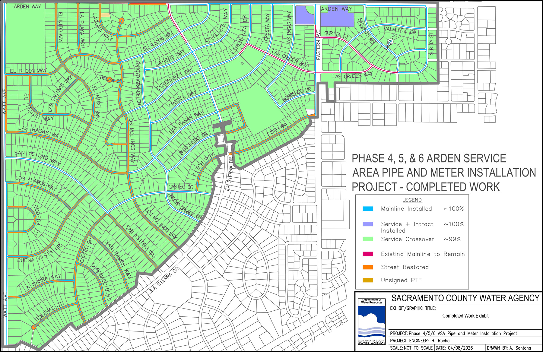 Map showing completed work in the Arden Service Area Water Meter Project Phases 4, 5, and 6 in Sacramento County, highlighting residential streets and neighborhoods with their level of completion.