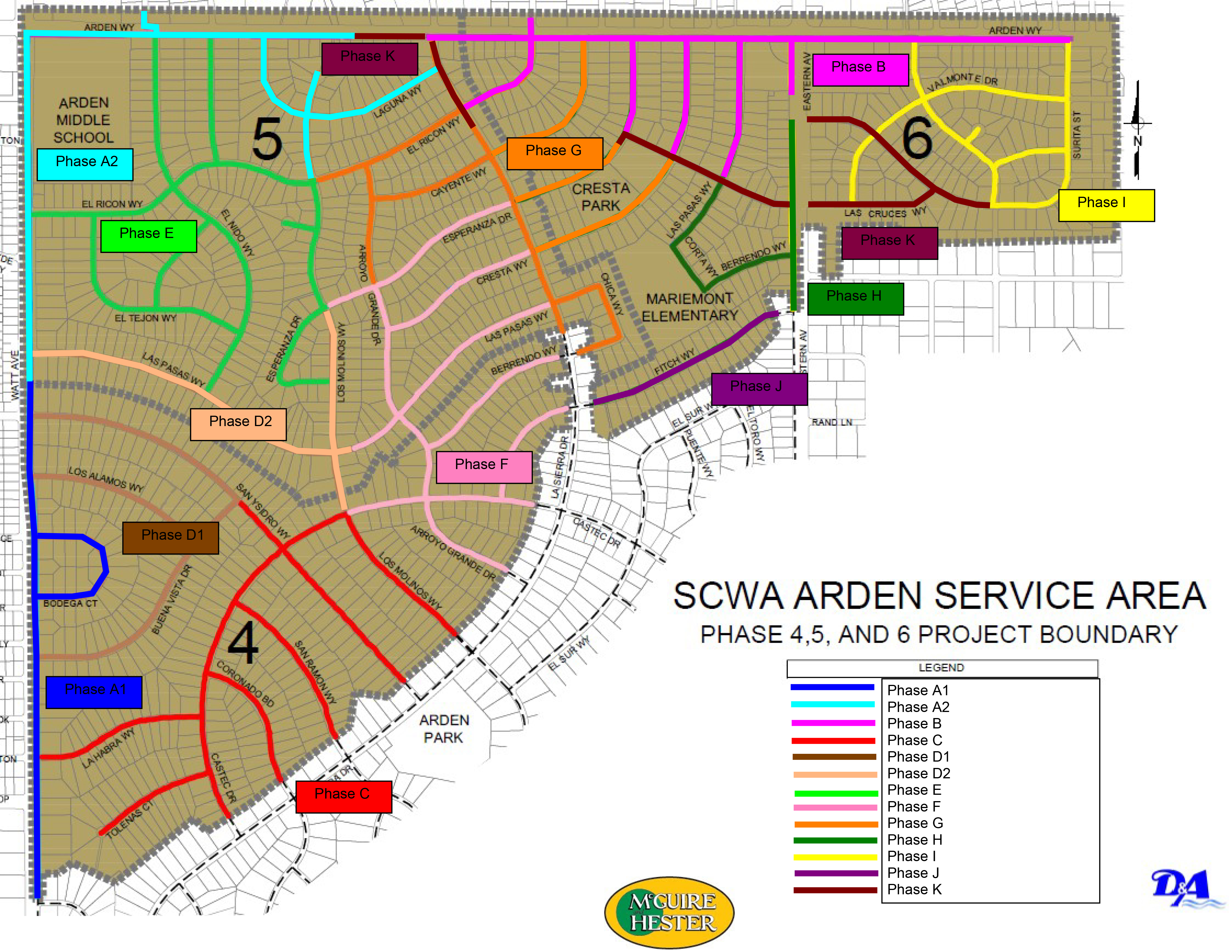 Map showing the Arden Service Area Water Meter Project Phases 4, 5, and 6 in Sacramento County, highlighting residential streets and neighborhoods scheduled for water meter installation.