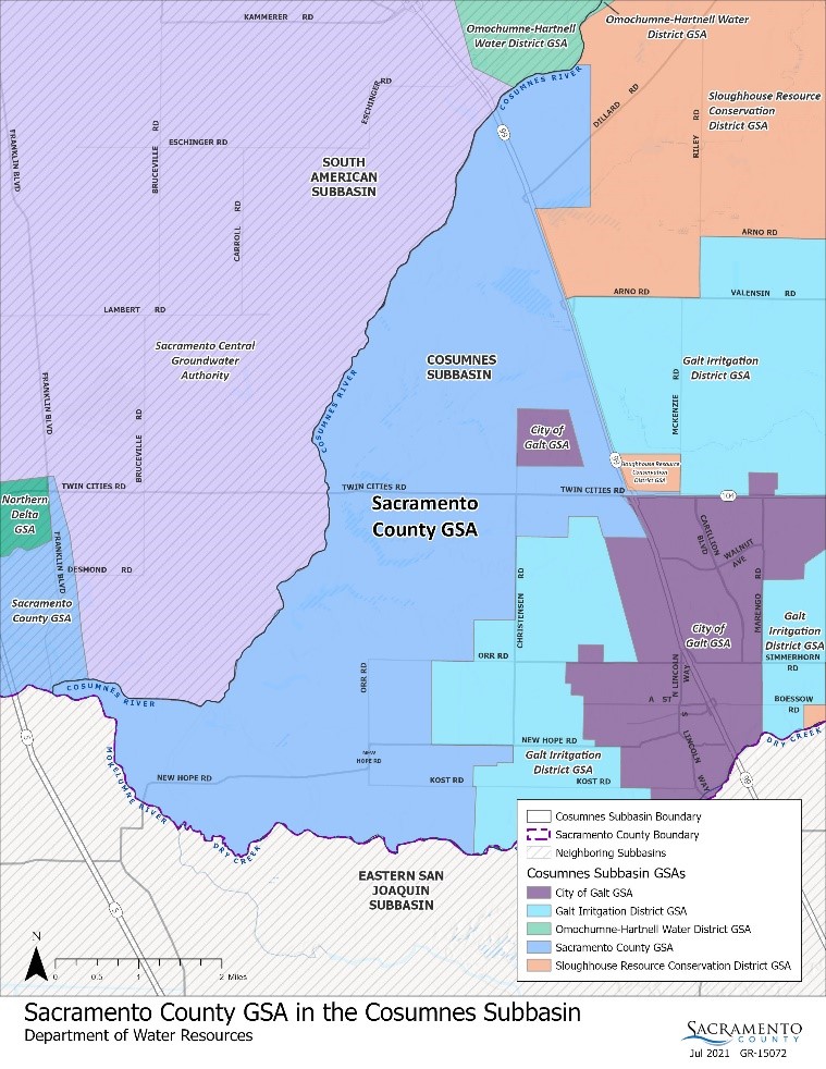 Map of the Cosumnes Subbasin in Sacramento County, showing groundwater basin boundaries, local agency jurisdictions, and geographic features relevant to groundwater sustainability planning under the Sustainable Groundwater Management Act (SGMA).