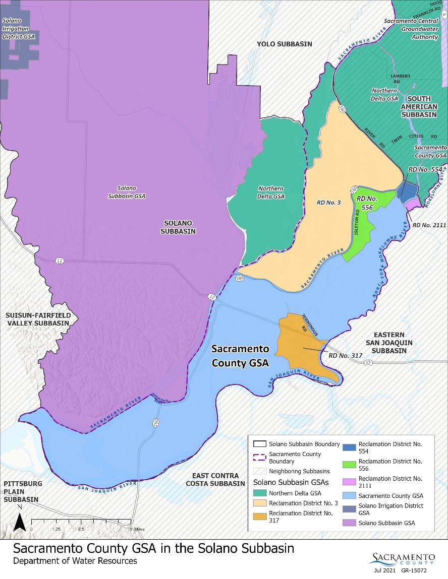 Map of the Solano Subbasin showing groundwater management boundaries, jurisdictional areas, and key geographic features relevant to Sacramento County’s role in implementing the Sustainable Groundwater Management Act (SGMA).