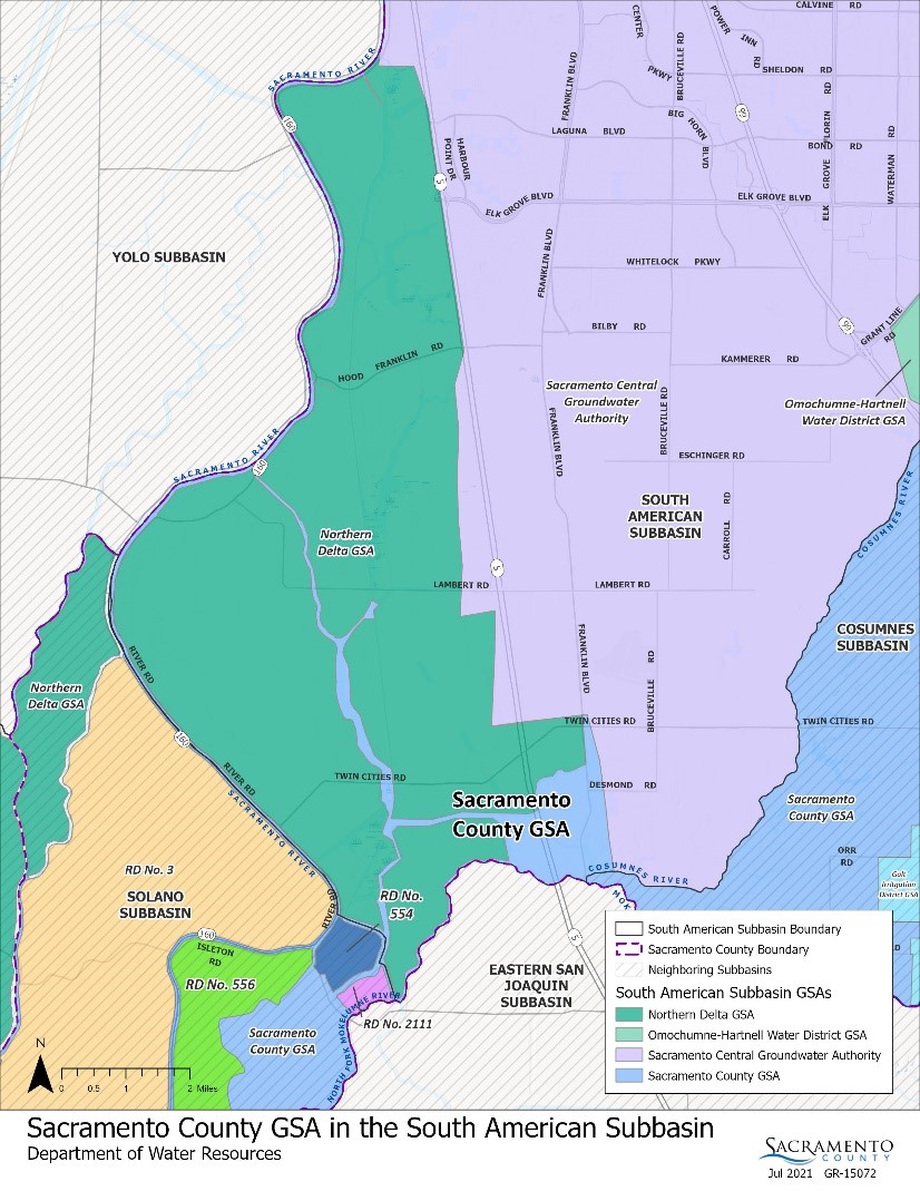 Map of the South American Subbasin in Sacramento County, showing groundwater management boundaries, local agency jurisdictions, and key geographic features relevant to the Sacramento Central Groundwater Authority.