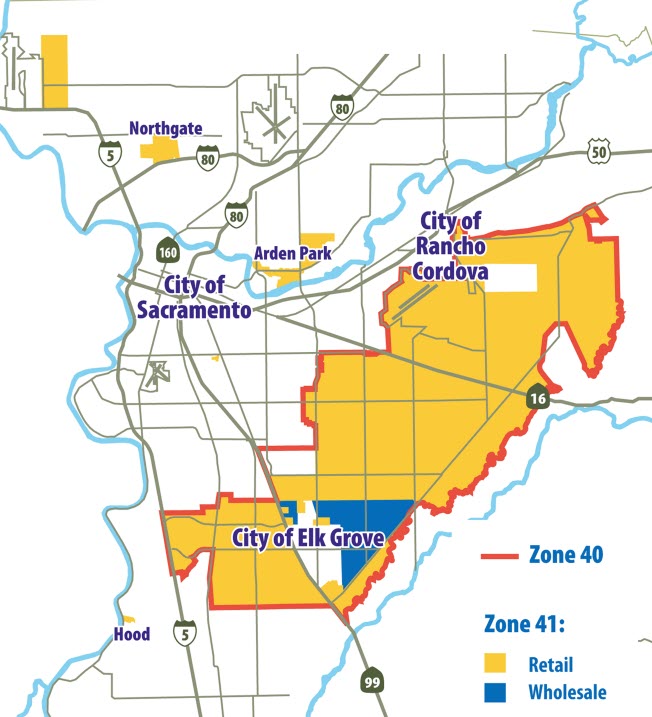 Service area map for Zone 40 and Zone 41, including both retail and wholesale. Retail section is shaded in orange and wholesale is shaded in blue.