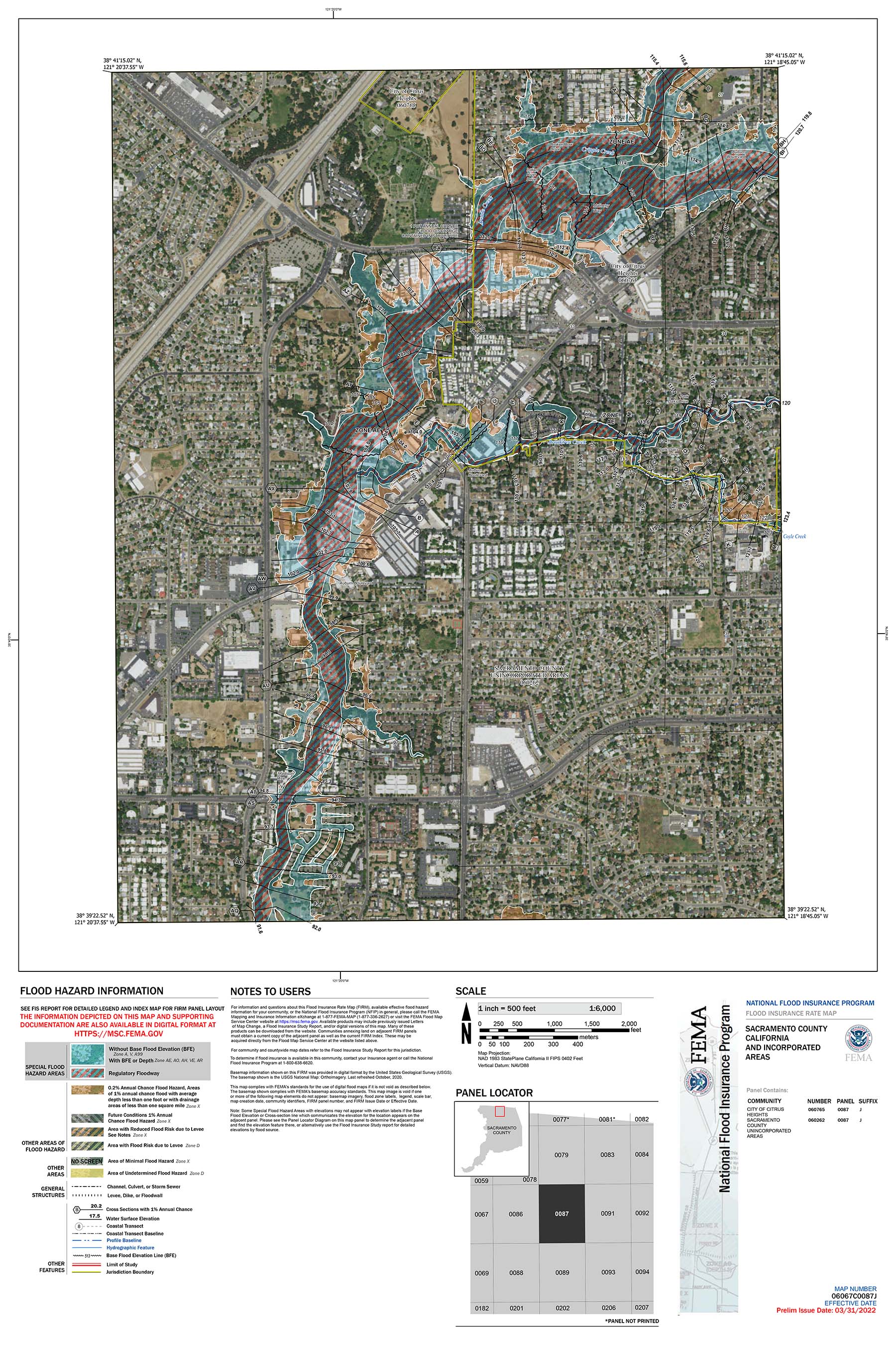 FEMA Flood Insurance Rate Map (FIRM) Panel 06067C0087J for the Arcade Creek area in Sacramento County, showing revised flood zones, base flood elevations, and Special Flood Hazard Areas used for determining flood insurance requirements and risk
