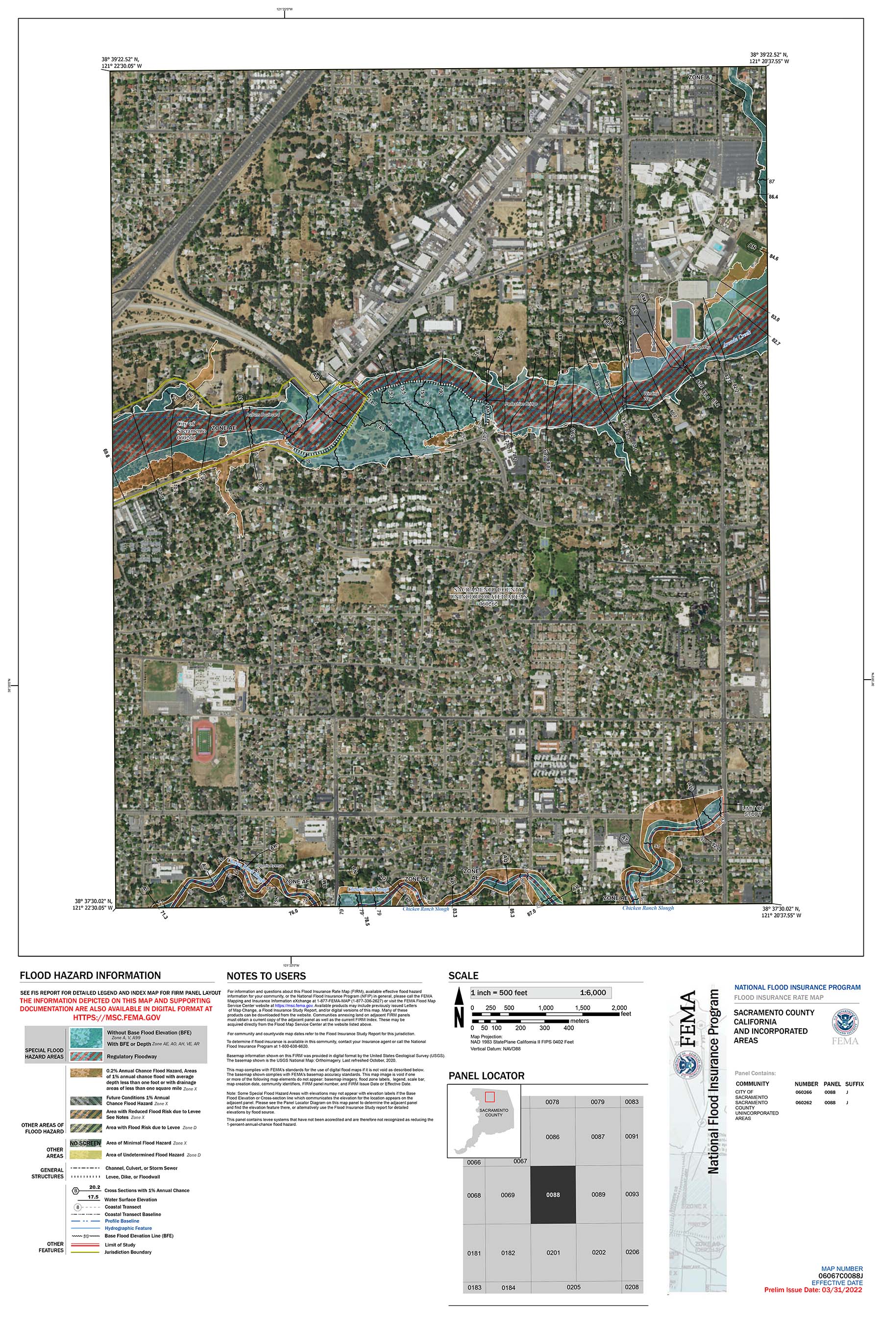FEMA Flood Insurance Rate Map (FIRM) Panel 06067C0087J for the Arcade Creek area in Sacramento County, showing revised flood zones, base flood elevations, and Special Flood Hazard Areas used for determining flood insurance requirements and risk