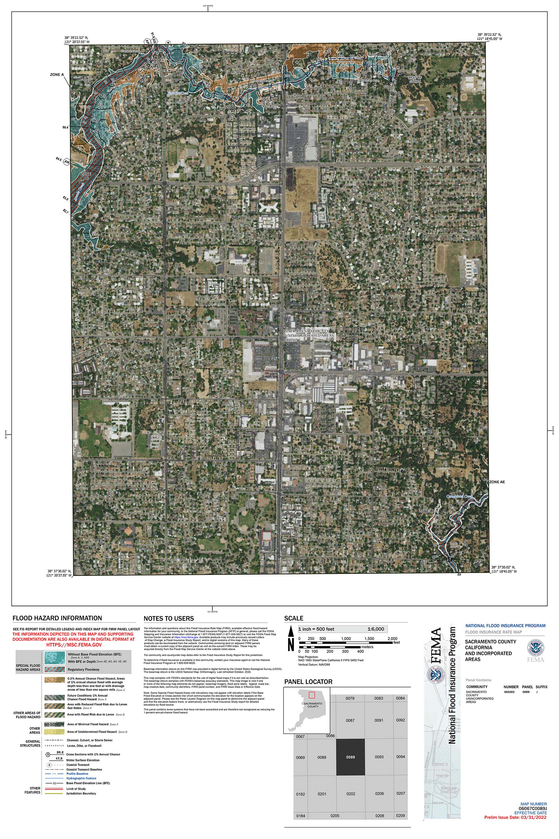 FEMA Flood Insurance Rate Map (FIRM) Panel 06067C0087J for the Arcade Creek area in Sacramento County, showing revised flood zones, base flood elevations, and Special Flood Hazard Areas used for determining flood insurance requirements and risk
