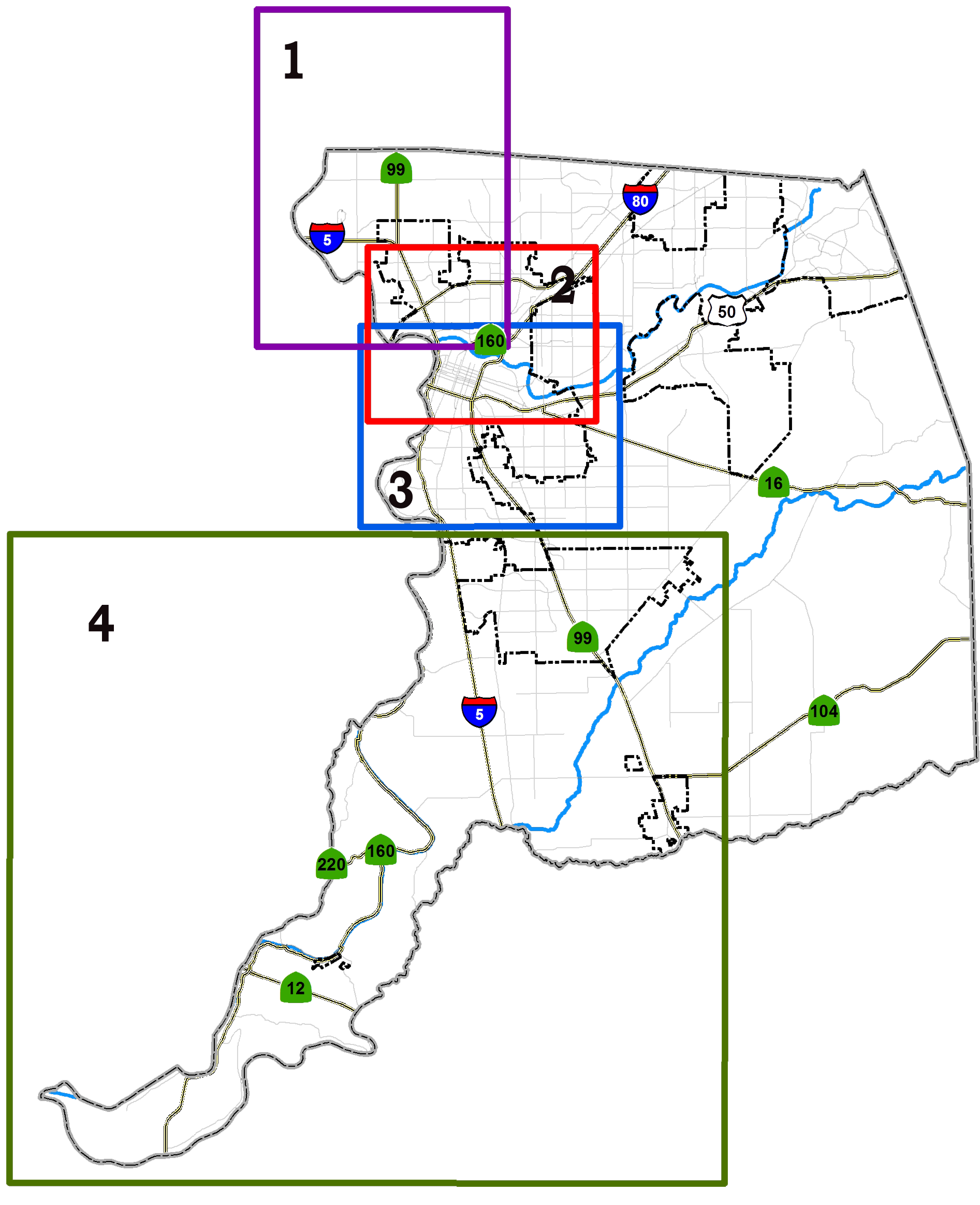 Decorative map of Sacramento county broken out into 4 main regions: Natomas, American River North, American River South and Delta.