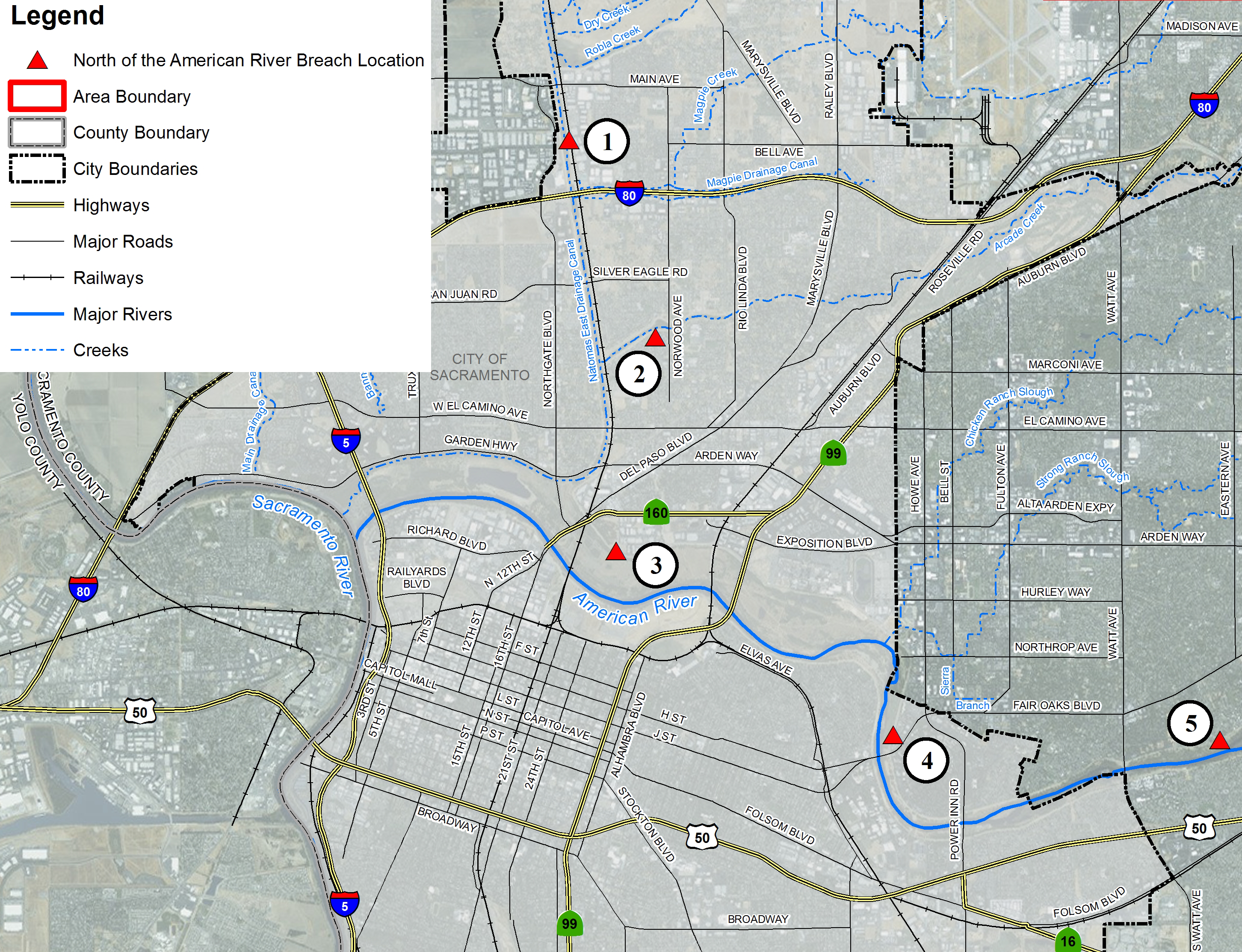 This map details the locations north of the American River where flooding could occur.  Communities within this boundary include: Arden-Arcade, McClellan Park, North Highlands, and Rio Linda  The red triangles denote potential levee breach locations.