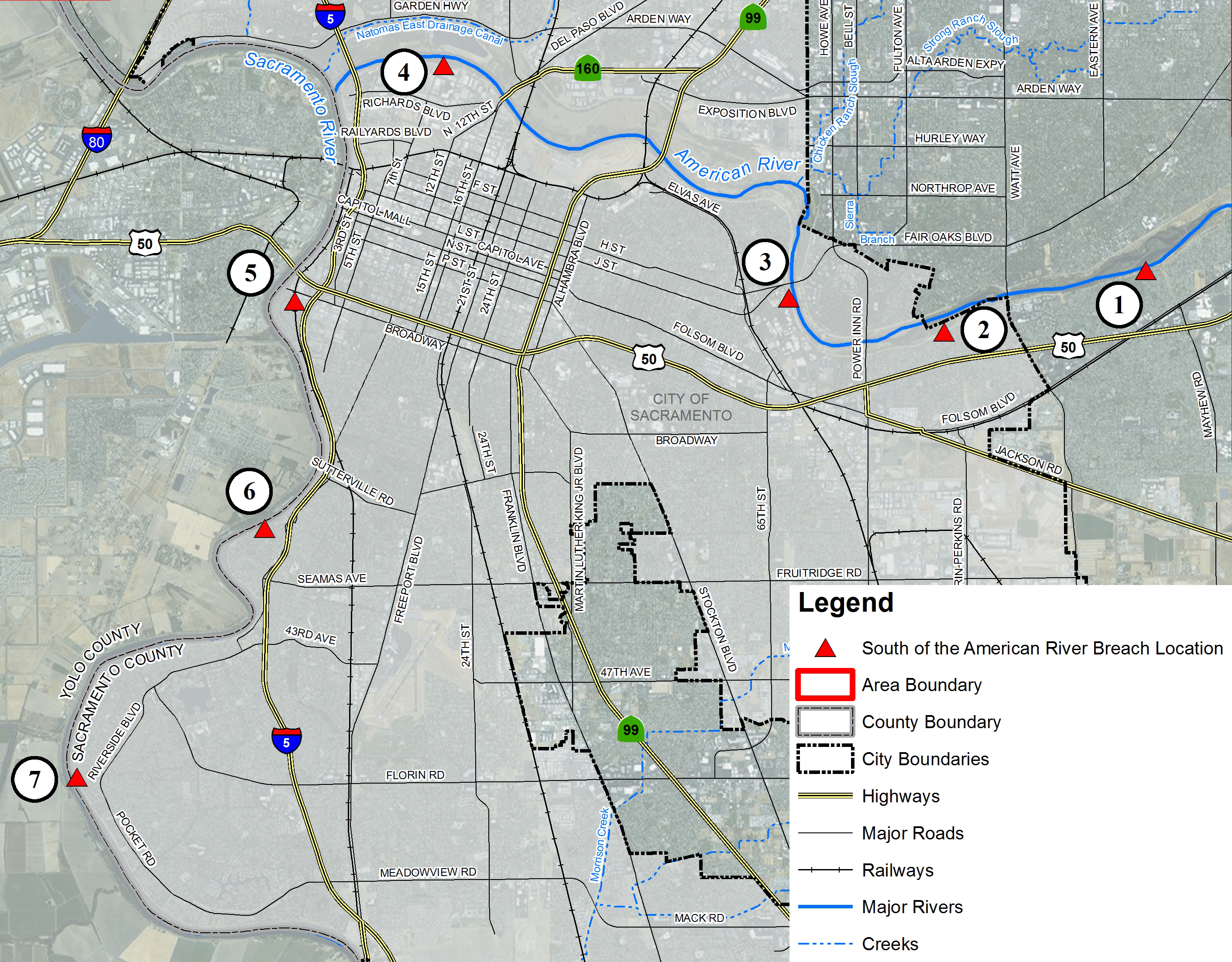 This map details the locations south of the American River where flooding could occur.  Community within this boundary include: Curtis Park, East Sacramento, Florin, La Riviera, Land Park, Meadow View, Midtown, North Oak Park, Parkway, Pocket, Rosemont, and Tahoe Park.  The red triangles denote potential levee breach locations.  