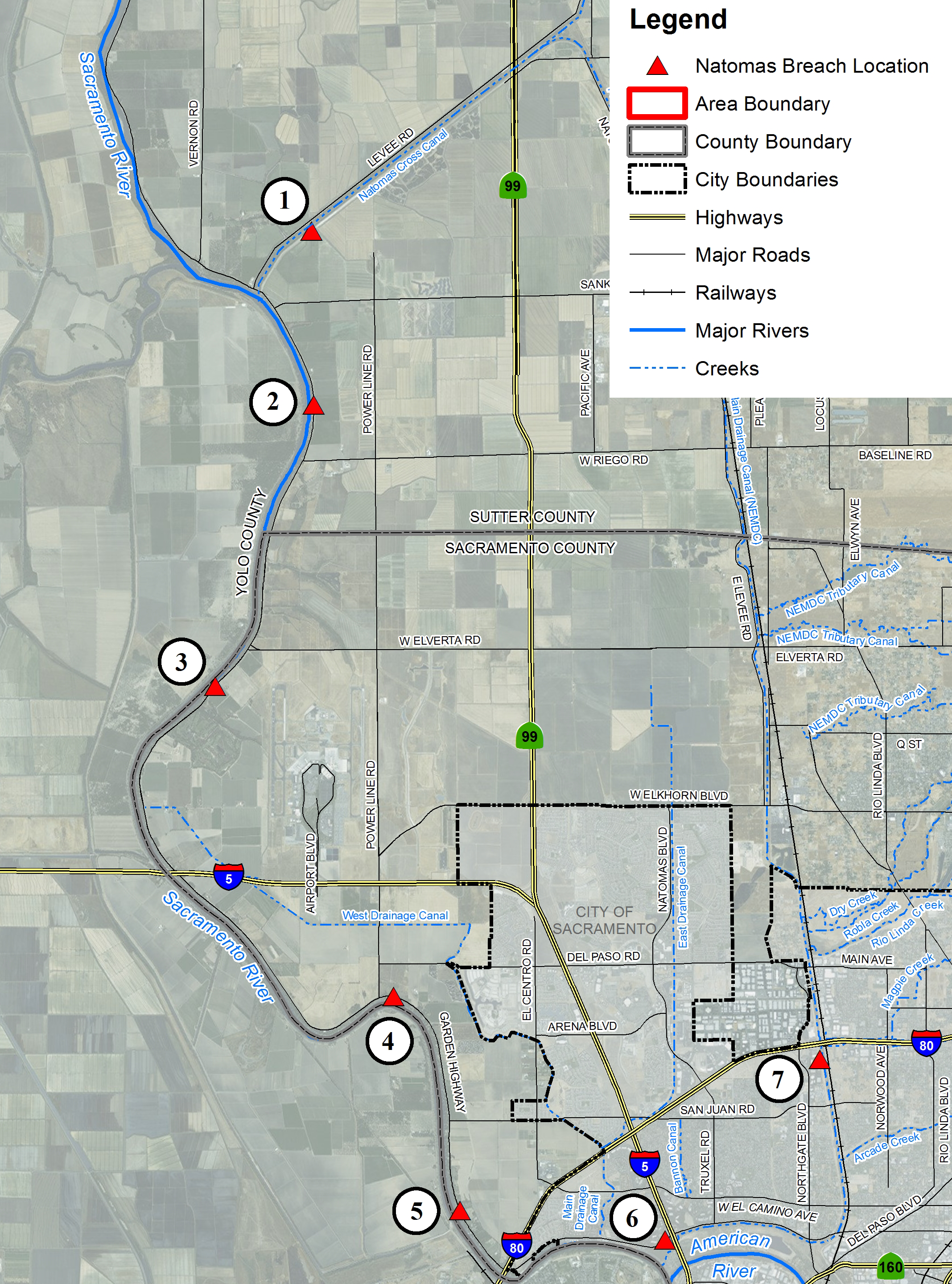 This map details the locations along the Natomas area where flooding could occur.  Communities within this boundary include: Gardenland, North Sacramento, South Natomas, and North Natomas.  The red triangles denote potential levee breach locations