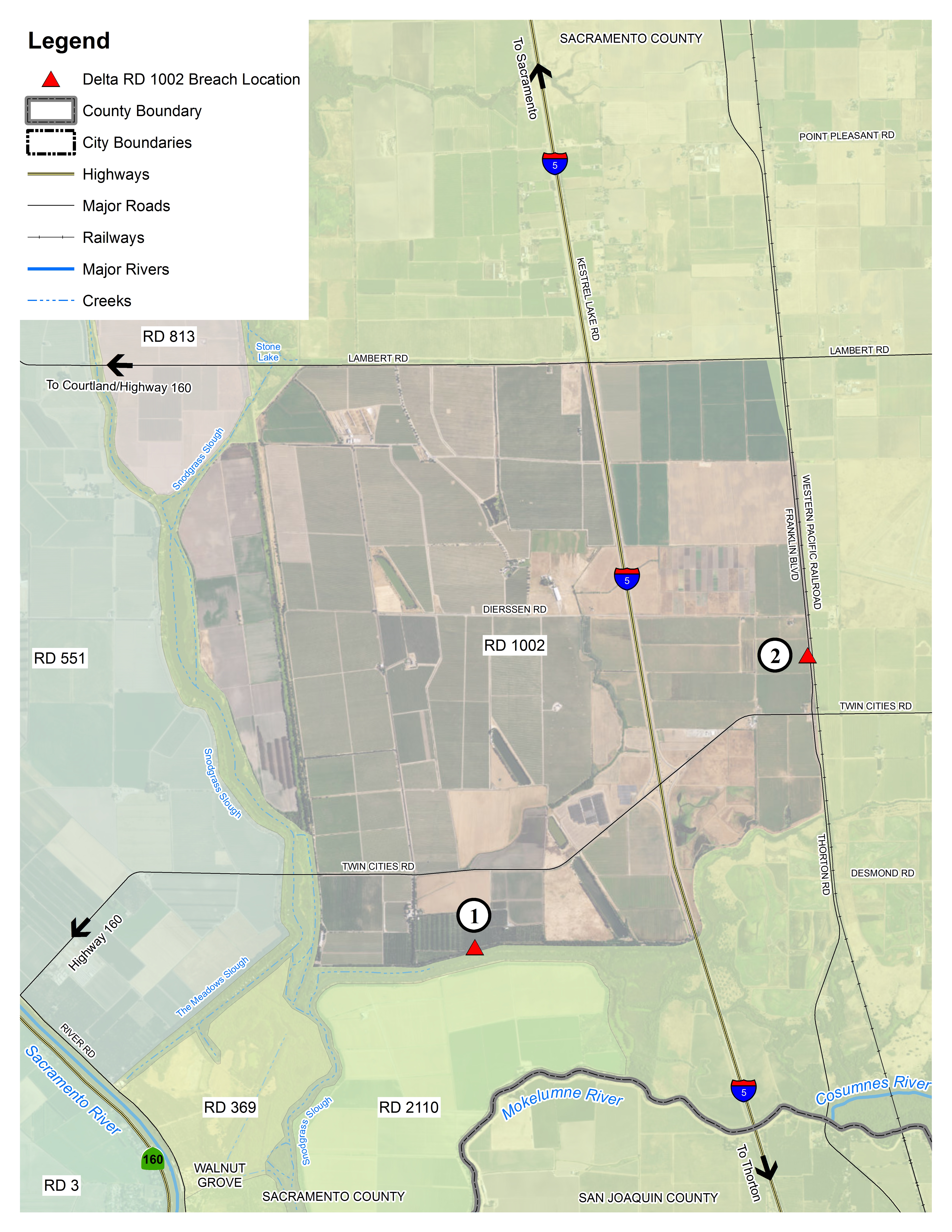This map details the locations in the Delta within Reclamation District 3 where flooding could occur.   The red triangles denote potential levee breach locations.