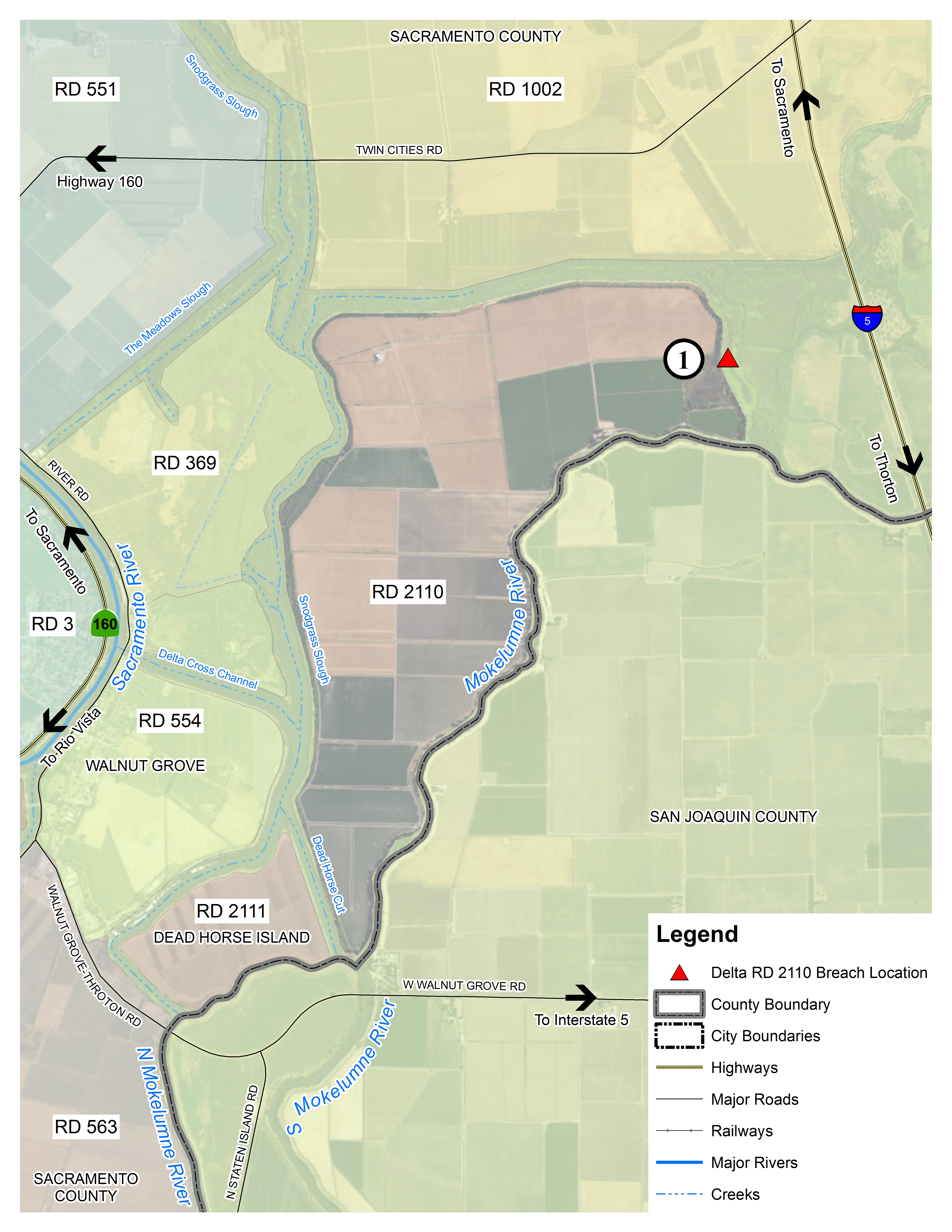 This map details the locations in the Delta within Reclamation District 3 where flooding could occur.   The red triangles denote potential levee breach locations.