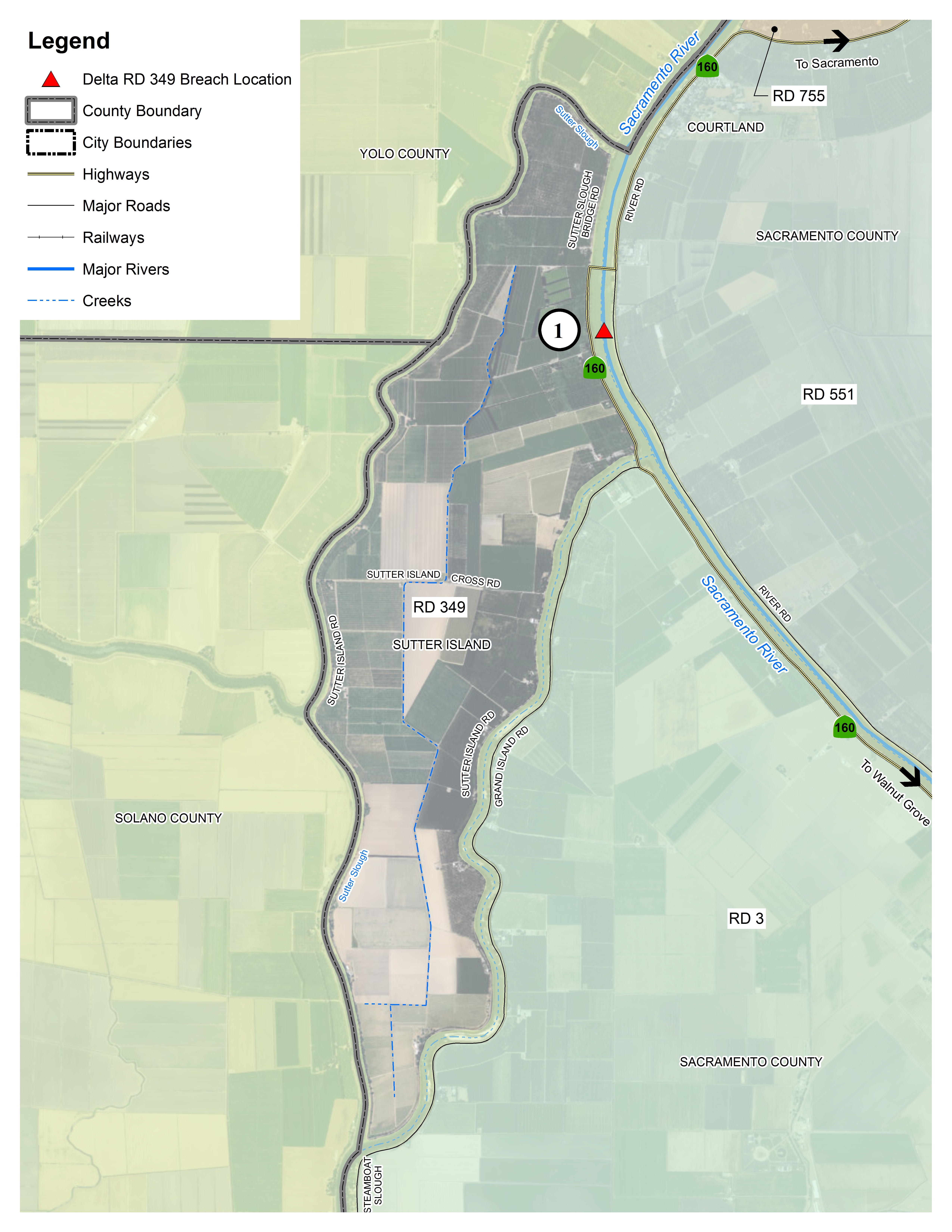 This map details the locations in the Delta within Reclamation District 3 where flooding could occur.   The red triangles denote potential levee breach locations.