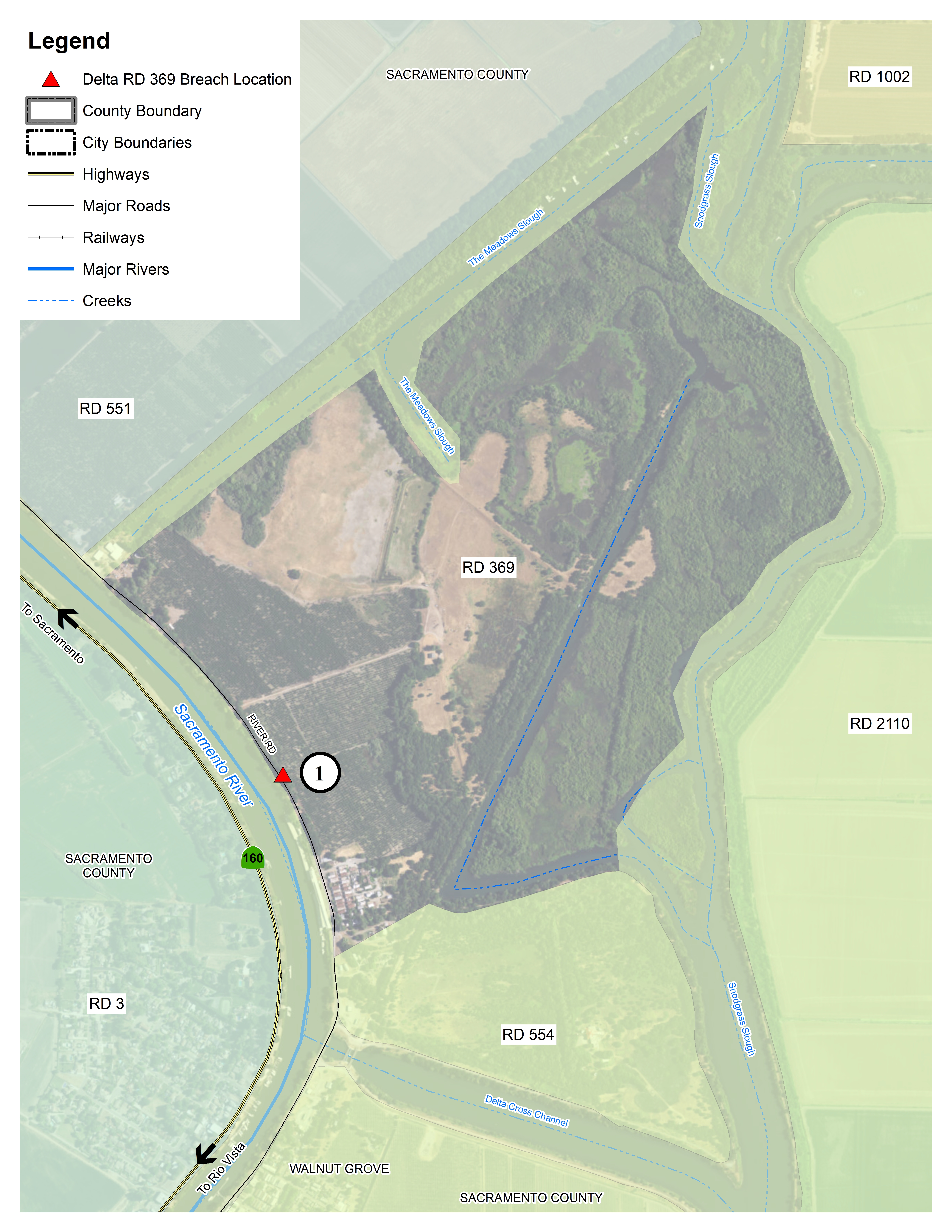 This map details the locations in the Delta within Reclamation District 3 where flooding could occur.   The red triangles denote potential levee breach locations.