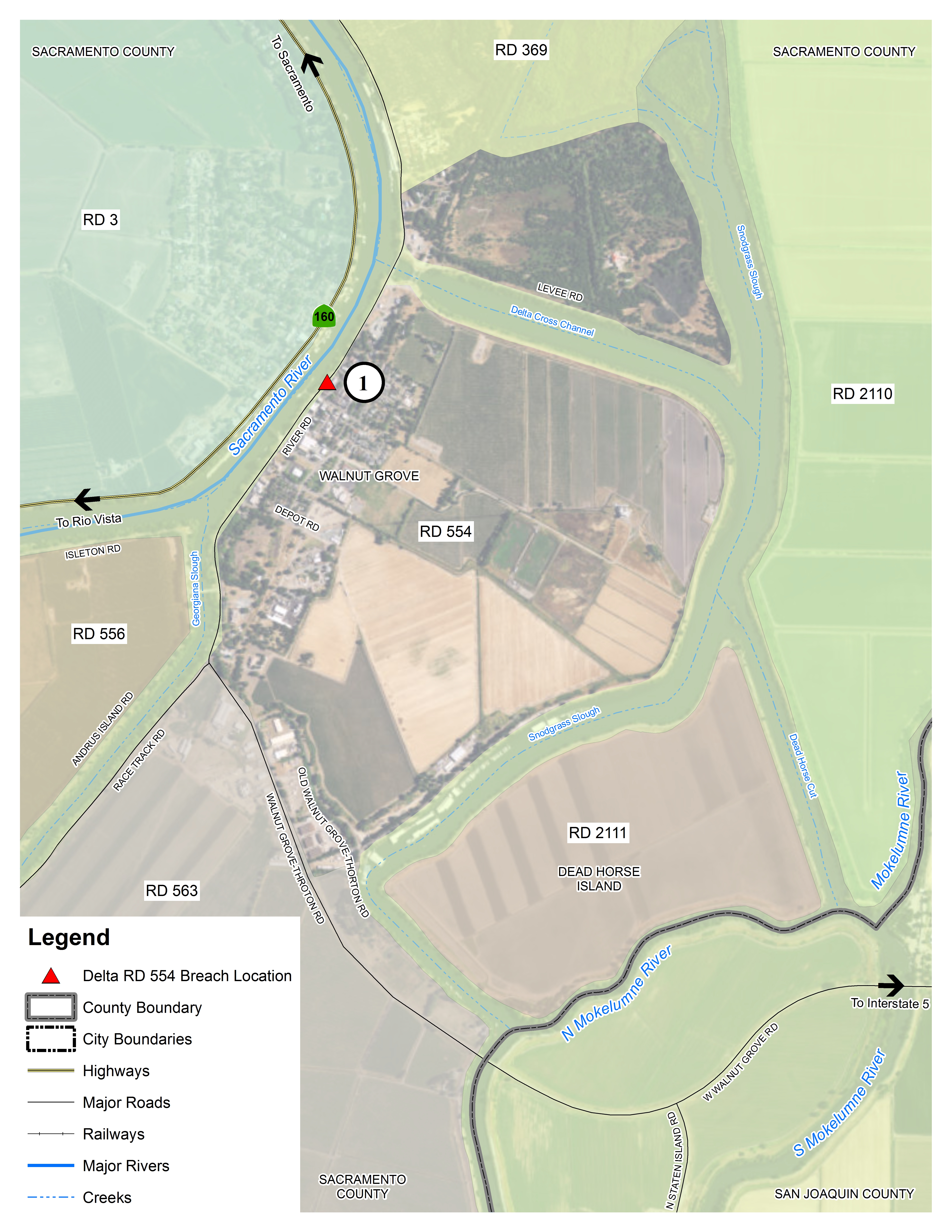 This map details the locations in the Delta within Reclamation District 3 where flooding could occur.   The red triangles denote potential levee breach locations.