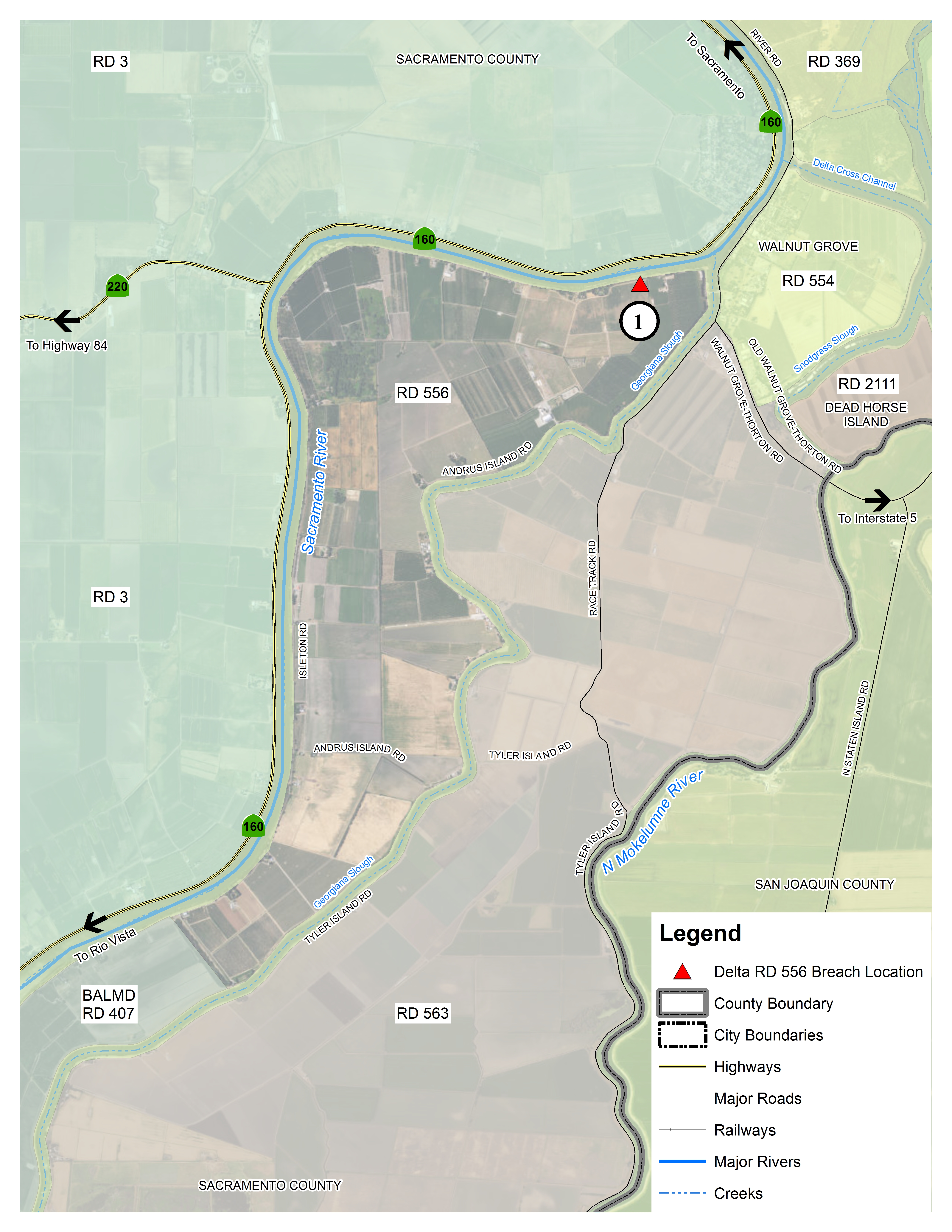 This map details the locations in the Delta within Reclamation District 3 where flooding could occur.   The red triangles denote potential levee breach locations.