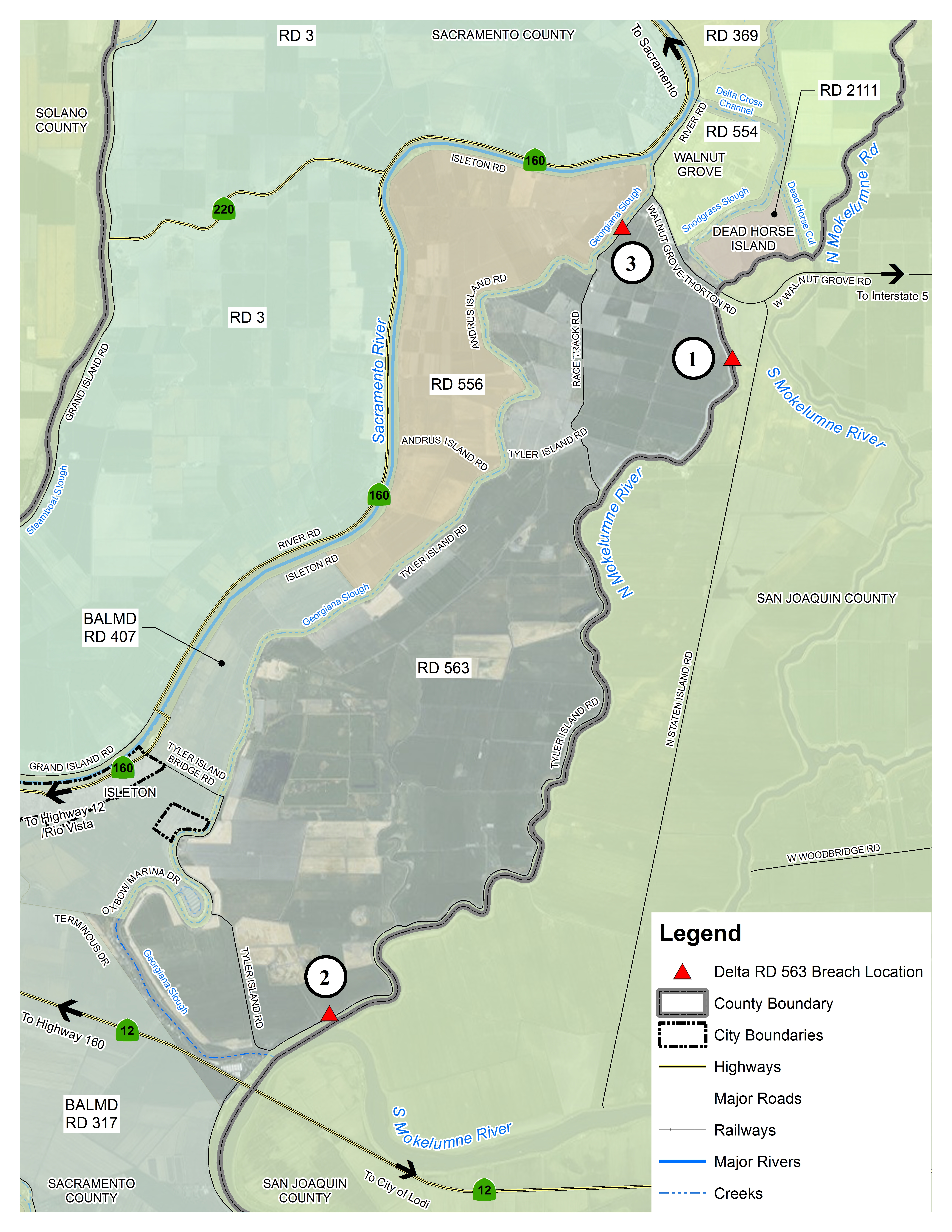 This map details the locations in the Delta within Reclamation District 3 where flooding could occur.   The red triangles denote potential levee breach locations.