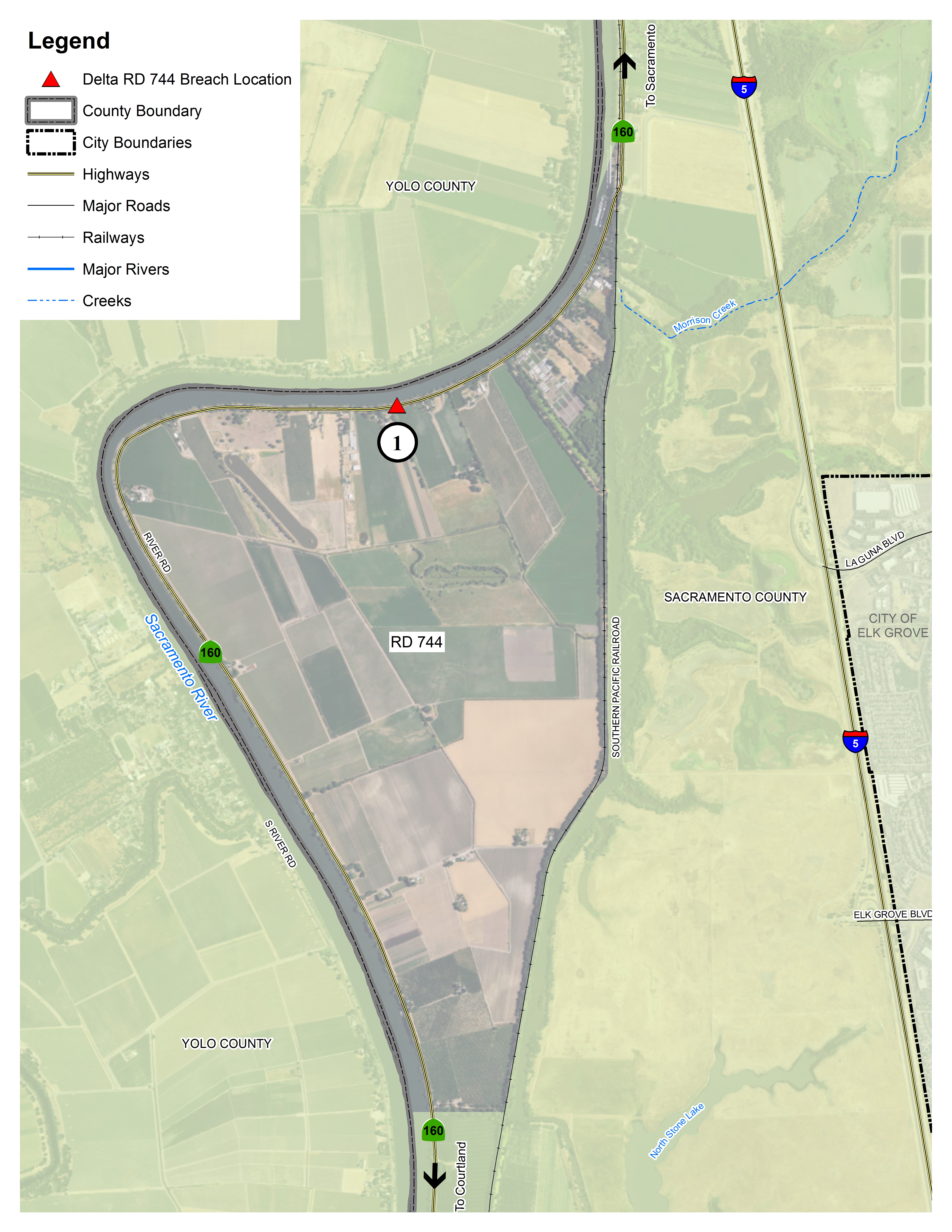 This map details the locations in the Delta within Reclamation District 3 where flooding could occur.   The red triangles denote potential levee breach locations.