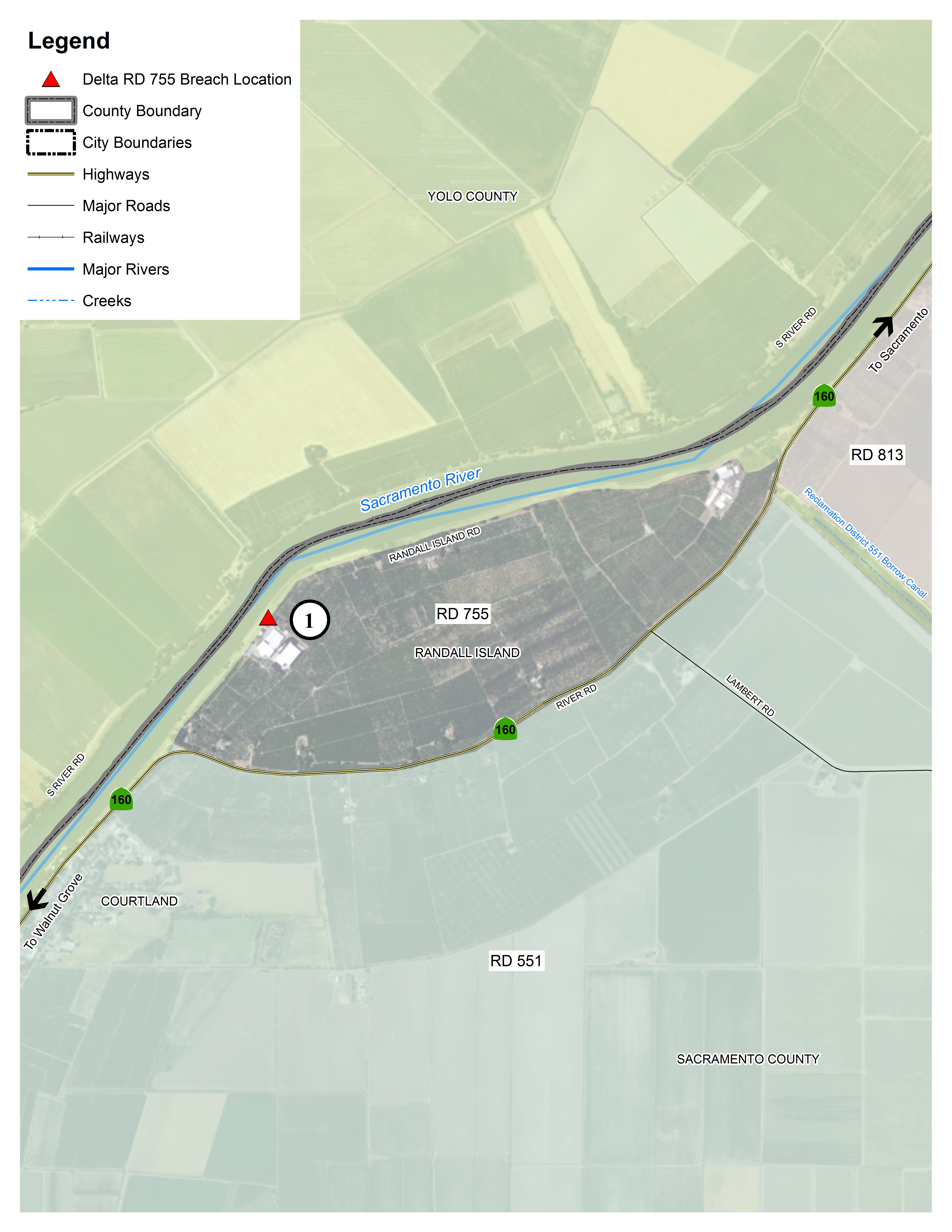 This map details the locations in the Delta within Reclamation District 3 where flooding could occur.   The red triangles denote potential levee breach locations.