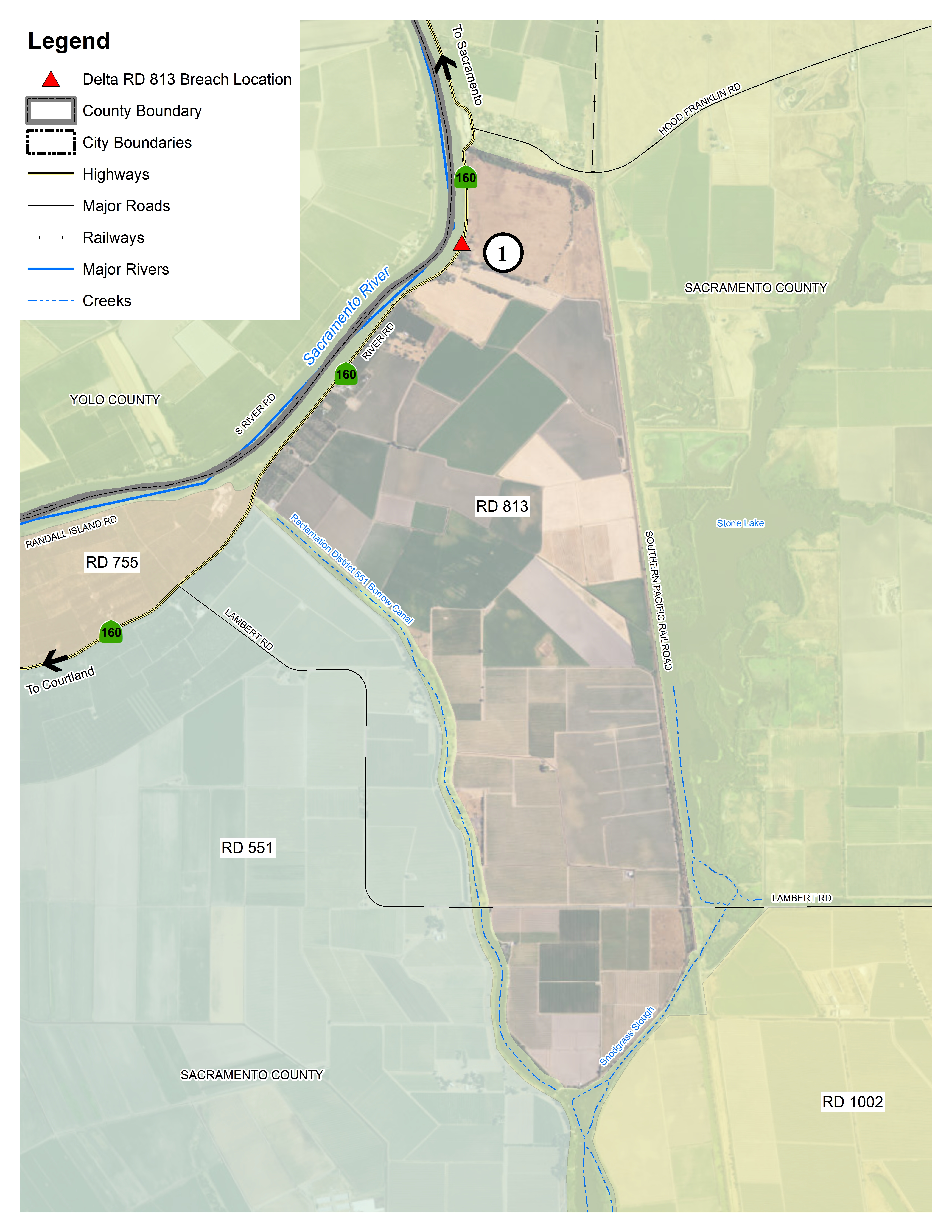 This map details the locations in the Delta within Reclamation District 3 where flooding could occur.   The red triangles denote potential levee breach locations.