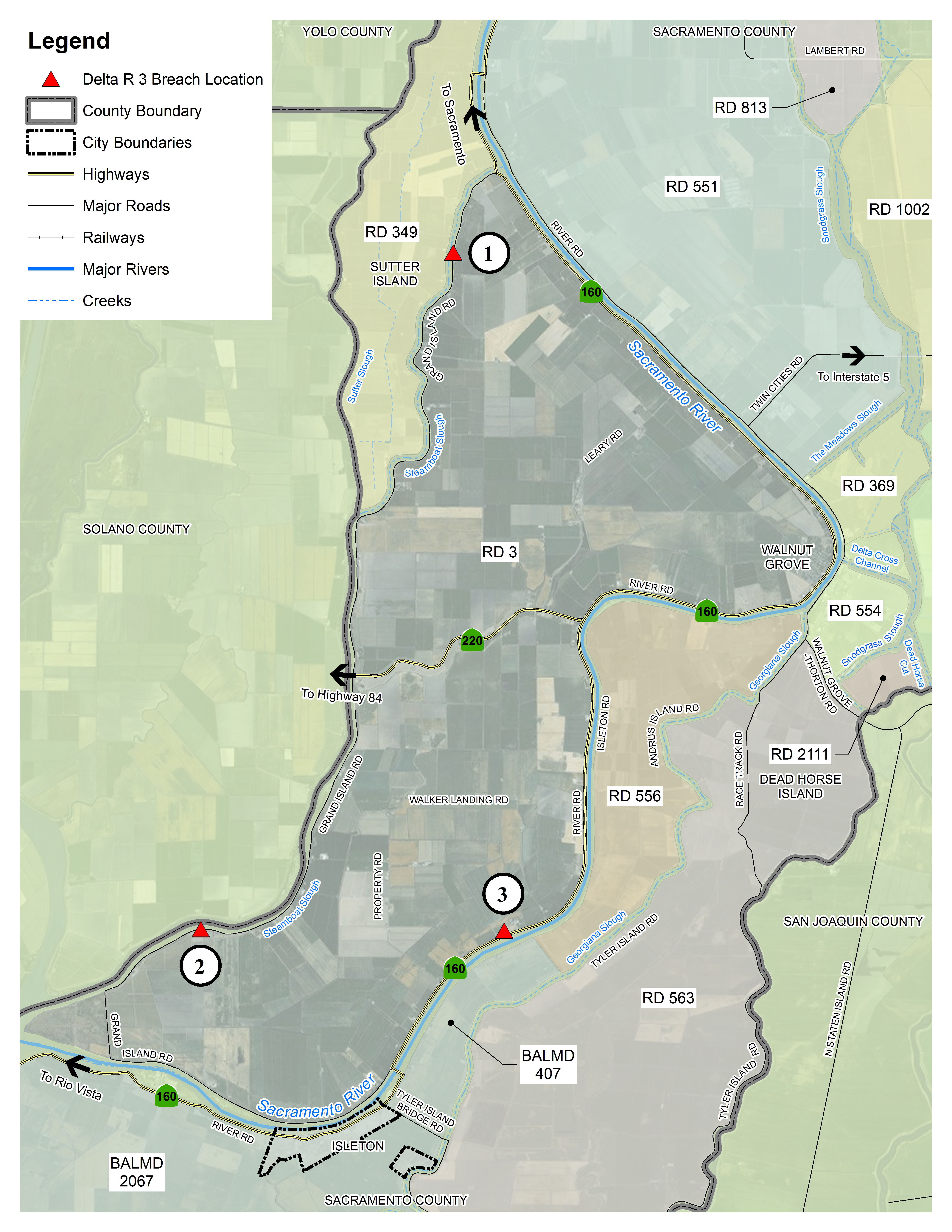 This map details the locations in the Delta within Reclamation District 3 where flooding could occur.   The red triangles denote potential levee breach locations.