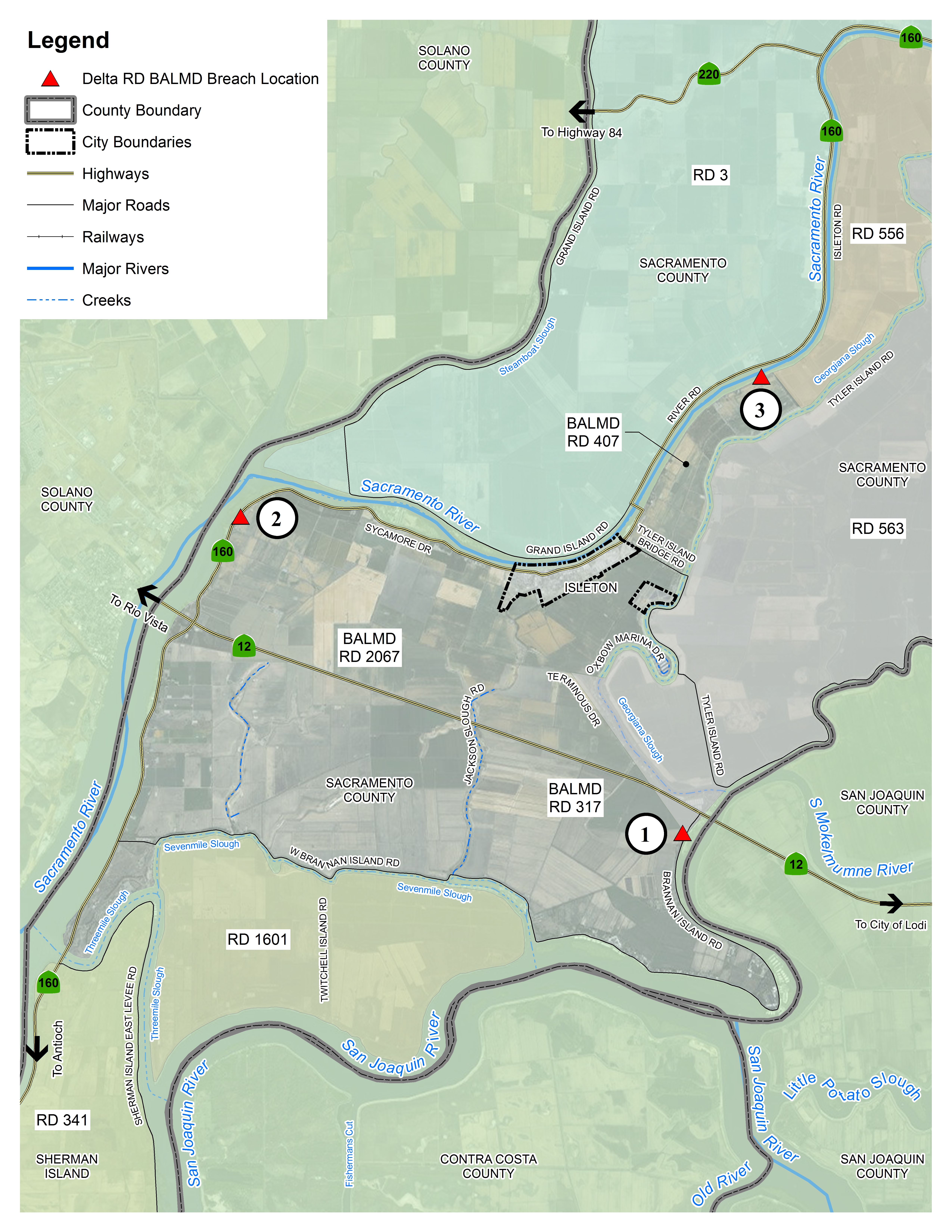 This map details the locations in the Delta within Reclamation District 3 where flooding could occur.   The red triangles denote potential levee breach locations.