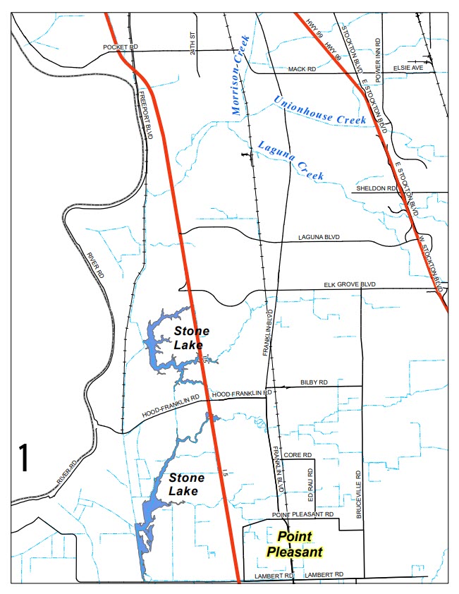 Location Map: Point Pleasant lies within the Beach Stone Lakes (BSL) area. The BSL area is bounded by the Southern Pacific Railroad (SPRR) on the west, Lambert Road on the south, the Western Pacific Railroad (WPRR) on the east, and Morrison Creek on the north. Point Pleasant is in the southeastern corner of that area.