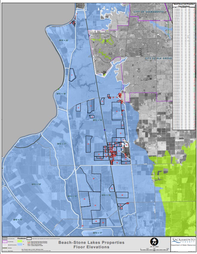 FEMA Floodplains: Shows the figure for information on FEMA floodzones and Base Flood (100 yr) elevations. Also shows the structure (FF-Finish Floor) and ground(LAG - Lowest Adjacent grade) elevations for each residence.