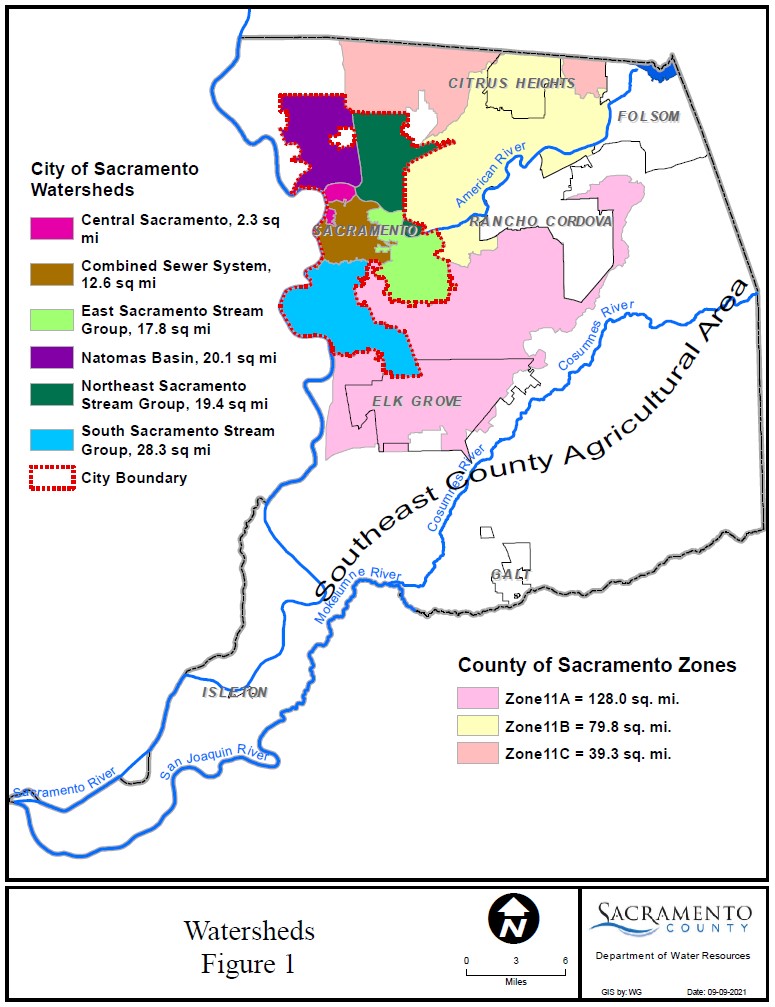 Map of Sacramento County watersheds showing major drainage basins, creeks, and tributaries used for watershed planning and stormwater management under the County’s Watershed Management Plan.