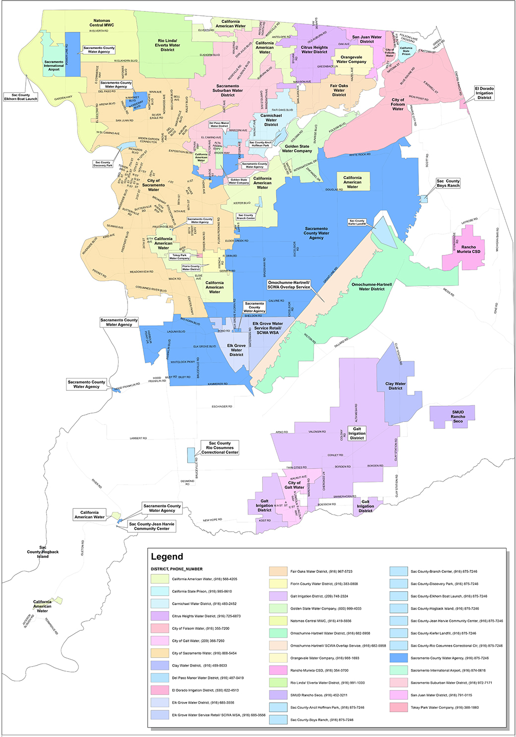 Detailed map of water providers serving Sacramento County, broken out by district and includes a legend with District and phone number (listed below). For decoration only. Links to a full size map in a PDF.